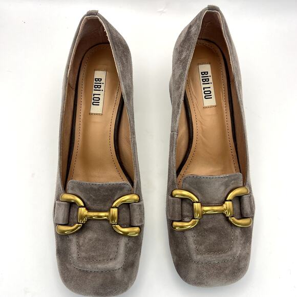 Bibi Lou Valencia Heeled Loafers Dove Grey Suede Gold Horse Bit Square Toe 37 - Picture 3 of 9